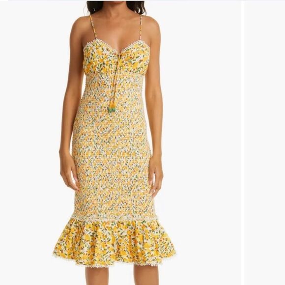 FARM Rio OFF WHITE CASHEW MIDI DRESS floral yellow size XS bodycon - Picture 2 of 9